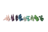 Wooden toy pieces from the Grapat Mandala Mix - Cold set, featuring abstract shapes arranged by color—light beige, dark purple, blue, teal, and green. These sustainable toys evoke the style of Grapat wooden mandalas.
