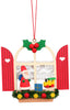 The Christian Ulbricht Ornament - Window With Santa is a festive Christmas decoration crafted in Germany, showcasing a wooden Santa figure next to a small train and gift. This charming hanging ornament is beautifully framed by a window with lace curtains, red shutters, holly leaves, and berries, and features greenery and yellow stars below.