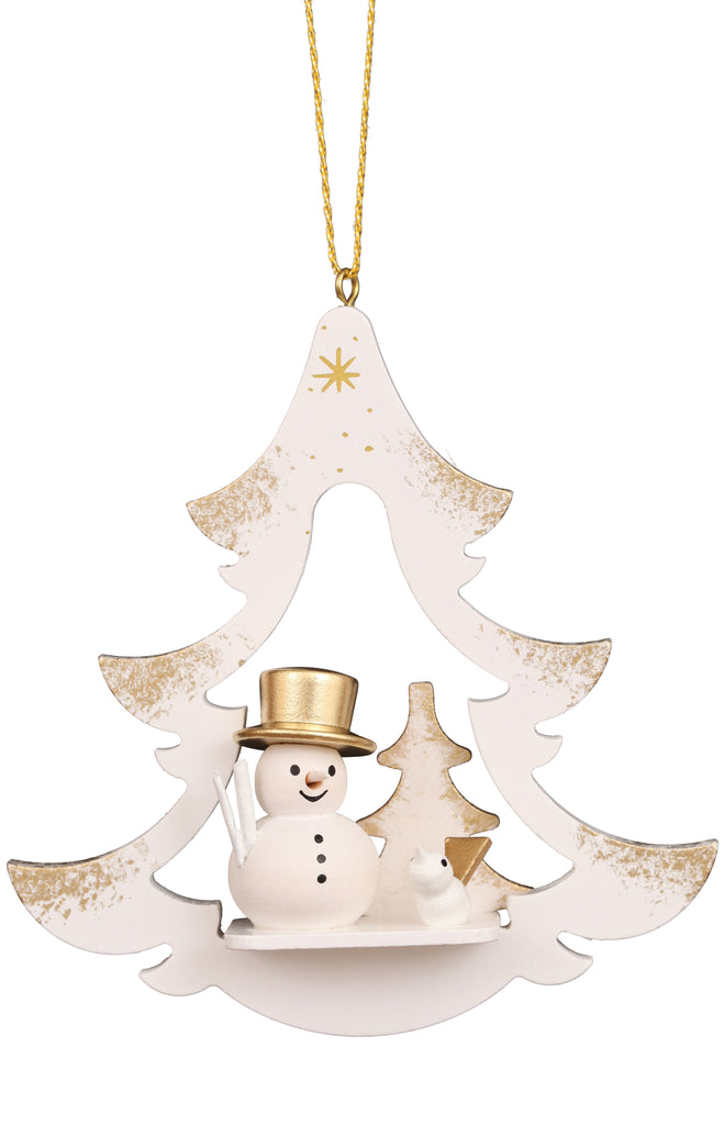 The Christian Ulbricht Ornament - White Tree with Snowman showcases German craftsmanship with a white and gold Christmas tree, smiling snowman in a gold top hat, gold-accented tree, white bird, and gold hanging string.