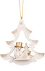 The Christian Ulbricht Ornament - White Tree with Snowman showcases German craftsmanship with a white and gold Christmas tree, smiling snowman in a gold top hat, gold-accented tree, white bird, and gold hanging string.
