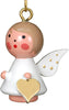 The Christian Ulbricht Ornament - Angel (White) is a small wooden angel with rosy cheeks, a gold heart, and white wings with gold dots. Made in Germany, it hangs from a gold loop. Contains small parts; choking hazard.