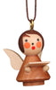 The Christian Ulbricht Ornament - Angel (Natural) is a wooden angel made in Germany, with painted rosy cheeks, red lips, light-colored wings, a small book in hand, and hangs by a brown string loop.