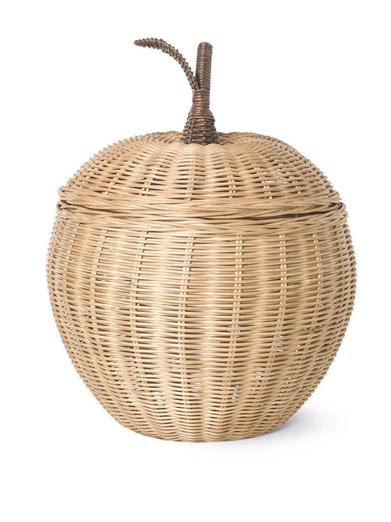 A round, Braided Apple Basket - Large with a lid and a small handle on top, displayed against a white background with horizontal lines.