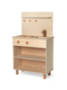 A Ferm Living Toro Play Kitchen set featuring a stove, sink, shelf, and hooks, isolated on a white background.