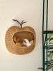 The Ferm Living Apple Braided Wall Pocket - Natural holds a brown teddy bear and a white plush toy—ideal for children's room storage. A green plant and part of a green metal ladder are visible on the right side.