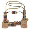 Sentence with Product Name: Wooden Activity Beads featuring looping metal tracks with multicolored beads and blocks, all set upon a solid base, designed to enhance fine motor skills in children.