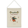 An Christmas Advent Calendar hanging organic cotton bag with a vintage illustration of a robin wearing a scarf, surrounded by numbers 1 to 24 and Christmas baubles, topped with a "Merry Christmas".