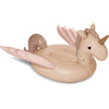 Sentence with product name: Inflatable Unicorn Float designed like a golden unicorn with pink wings and tail, featuring a large ring for sitting. The unicorn’s head serves as a support at the front, with handles on the.