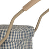 Close-up of a Doll Pram - Blue Checkered with a beige metal frame and upholstered seat in blue and white quilted printed fabric.