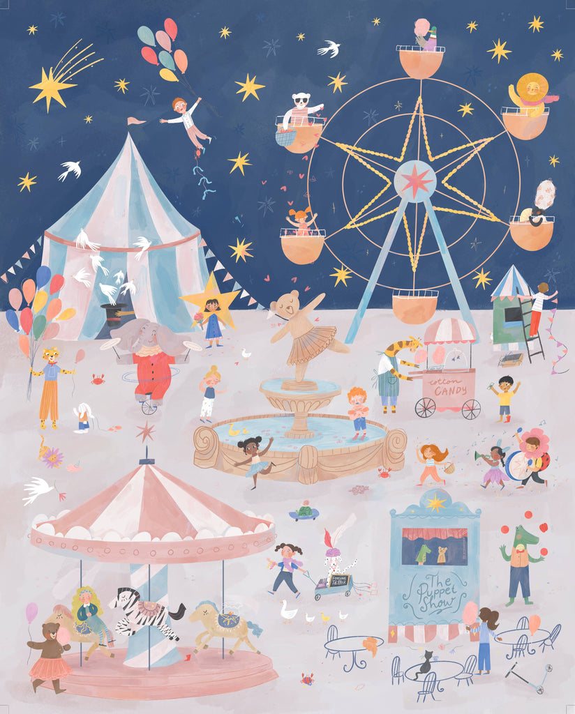 A Carnival of Wonders 100 Piece Puzzle features a lively fairground at night with kids playing under a starry sky, designed for ages 5+ and thoughtfully crafted from recycled materials.