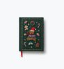 Beary Christmas Embroidered Journal in dark green, featuring Christmas motifs including a teddy bear in a Santa hat, a gingerbread man, a wreath, a candy cane, mittens, and a bell.