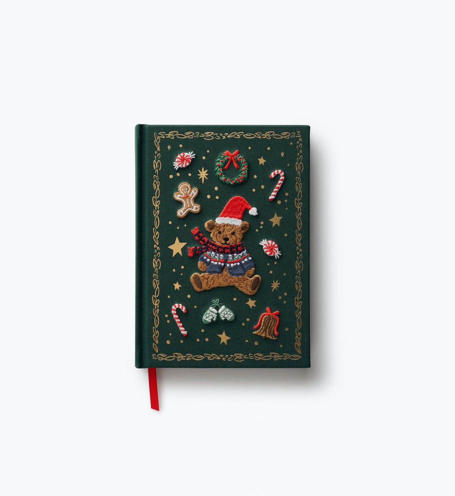 Beary Christmas Embroidered Journal in dark green, featuring Christmas motifs including a teddy bear in a Santa hat, a gingerbread man, a wreath, a candy cane, mittens, and a bell.
