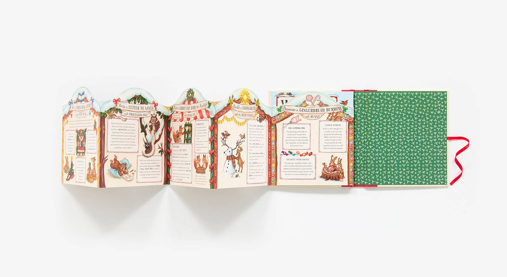 Christmas is Coming to Town! is an illustrated, accordion-style advent calendar book with festive borders and images, shown fully open next to its green patterned cover with a red ribbon—ideal for family holiday activities.