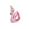 The Handmade Felt Flamingo with Wings features a whimsical unicorn horn, pink appliqué feathers, flowers, white and pink wings, and a happy expression, displayed on a plain white background.