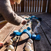 A child, wearing a cozy sweater, is playing with seashells and blue Grimm's Ocean Waves blocks made from lime wood on a sunlit wooden deck. The shells and these versatile toys are arranged in a line as the child focuses intently on their arrangement.