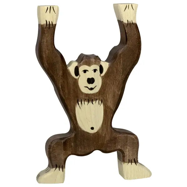 A Holztiger Chimpanzee, Standing, is depicted as a handcrafted wooden figurine of a monkey on two legs with its arms raised above its head. Made from maple and beech wood, it is painted brown with beige accents on its hands, feet, face, and chest. Its calm and friendly expression is reminiscent of HOLZTIGER figures.