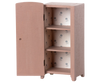 The Maileg Miniature Closet is a small vintage-style piece made from FSC wood, featuring one open door with three organizing shelves lined in blue floral wallpaper and a light pinkish-brown painted exterior.