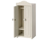 The Maileg Nursery Room Starter Set includes a small, white, two-door wardrobe with one door open to display its interior, which features two shelves and a hanging rod at the top. This charming piece is perfect for storing Maileg's Mom Mouse clothing and comes equipped with white knobs on the doors and a decorative curved top edge.