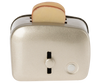 The Maileg Toaster with Bread, Large Size - Silver, is a toy toaster for children 3+, featuring a silver finish and a plastic bread slice popping out of the top, shown from the front against a plain background.