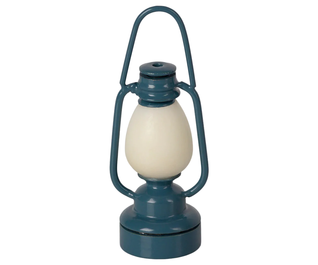 The Maileg Grand Dining Room Set features a blue metal lantern with a creamy, egg-shaped center in vintage style, perfectly sized for a Maileg Mouse dollhouse and shown against a plain white background.