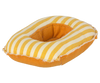 The Maileg Rubber Boat, Small Mouse - Yellow Stripe features vibrant orange and yellow stripes with solid orange sides—a charming, whimsical addition to any mouse accessory collection.