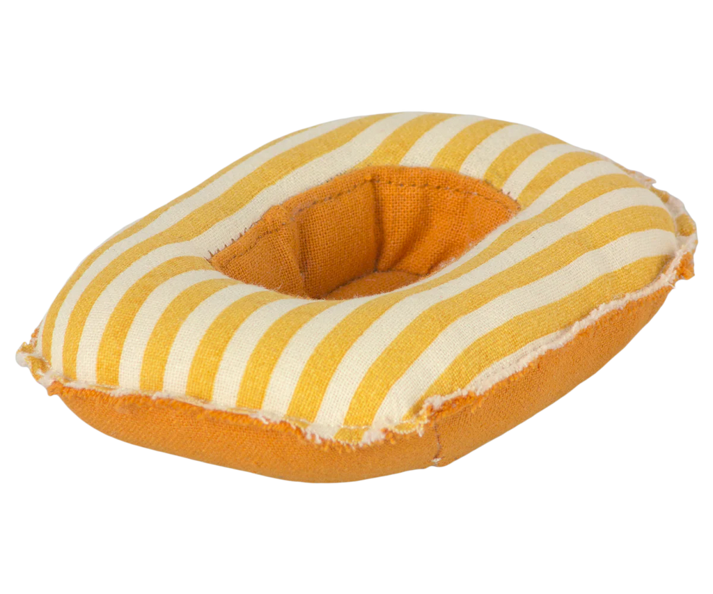 The Maileg Rubber Boat, Small Mouse - Yellow Stripe features vibrant orange and yellow stripes with solid orange sides—a charming, whimsical addition to any mouse accessory collection.
