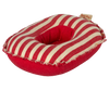 The Maileg Rubber Boat, Small Mouse - Red Stripe is a red and beige striped donut-shaped fabric cushion with a central hole and frayed edges, designed as an accessory for Maileg mouse toys, shown on a plain white background.