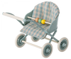 A vintage-style stroller for mouse families, featuring a blue and white checkered fabric seat, four white wheels with spokes, and a white handle. The Maileg Stroller, Baby Mice - Mint includes two wooden beads, one yellow and the other green, on the handlebar. Perfect for transporting babies around in style!