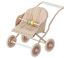 A Maileg Stroller, Baby Mice - Rose with a striped fabric seat and wooden bead toys attached to the handle, featuring four brown wheels on a white metal frame that is surface washable.