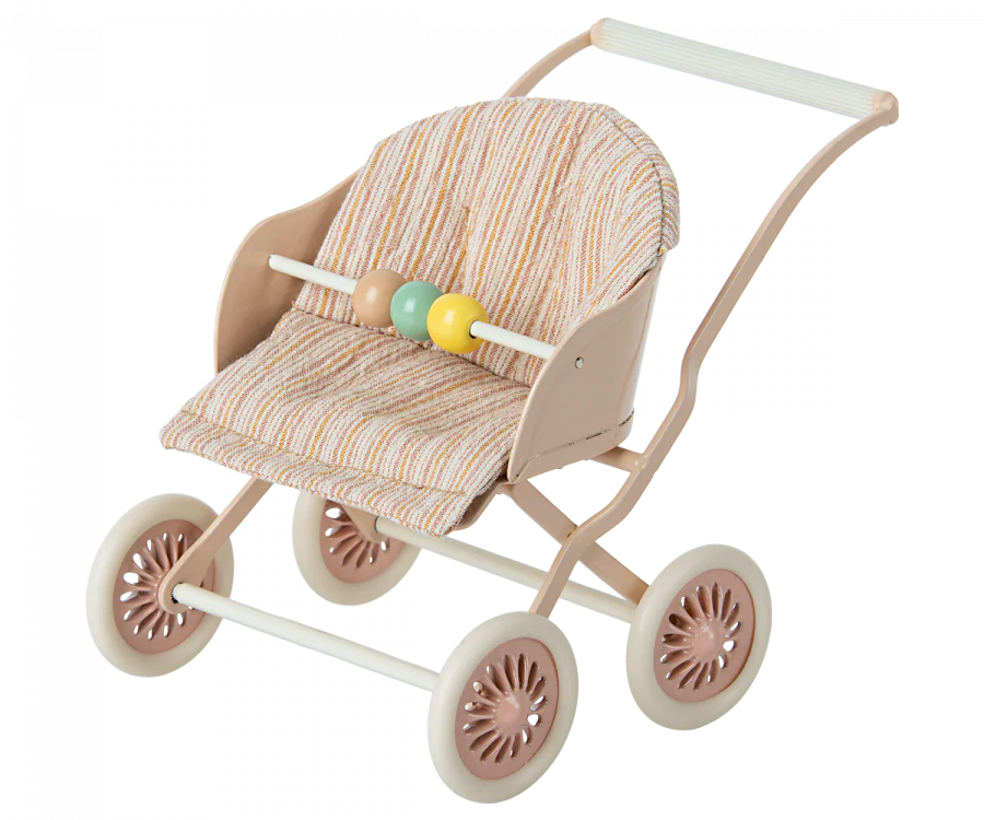 A Maileg Stroller, Baby Mice - Rose with a striped fabric seat and wooden bead toys attached to the handle, featuring four brown wheels on a white metal frame that is surface washable.