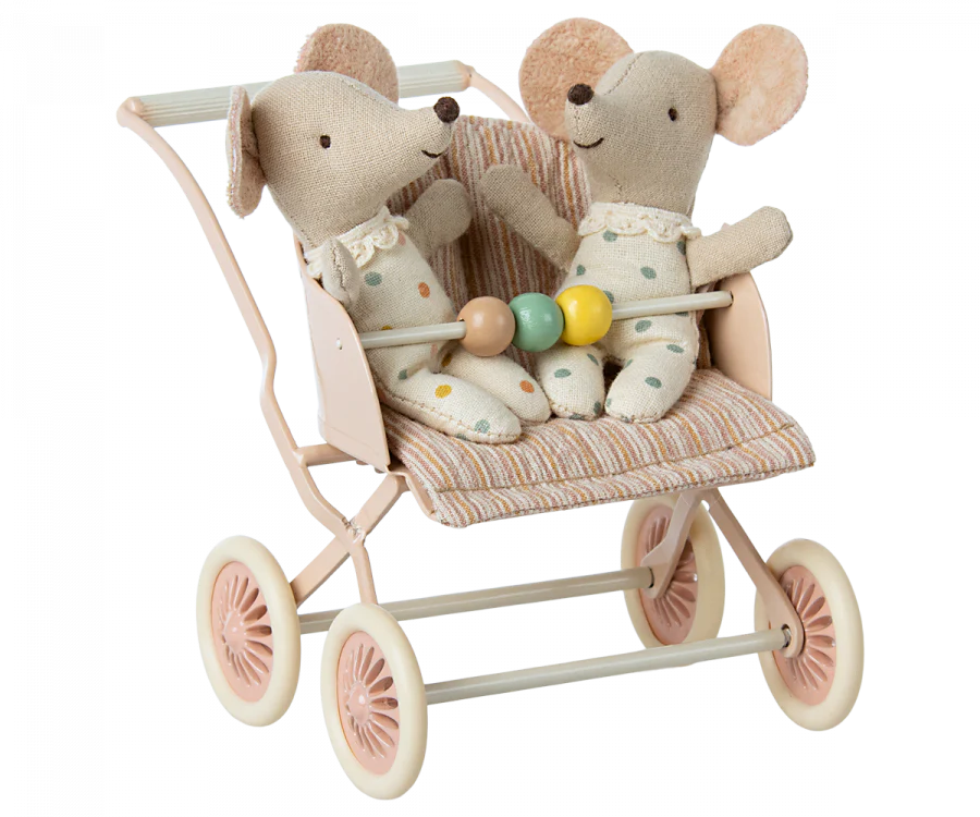 Two Maileg Stroller, Baby Mice - Rose in a vintage pink double stroller, with one mouse holding a colorful bead toy. The stroller and mice are set against a transparent background.