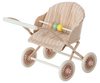 A Maileg Stroller, Baby Mice - Rose with a beige frame and multi-colored striped fabric, featuring large brown wheels and a decorative bead bar on the safety bar. This double stroller is perfect for pushing