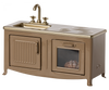 A Maileg Kitchen - Light Brown miniature playset in gold, featuring a sink, stovetop, and an oven with a visible pie inside, designed for children's play.