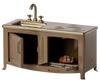 A Maileg Kitchen - Light Brown featuring a stovetop, sink, and an open oven door with a roast chicken inside, set against a transparent background.
