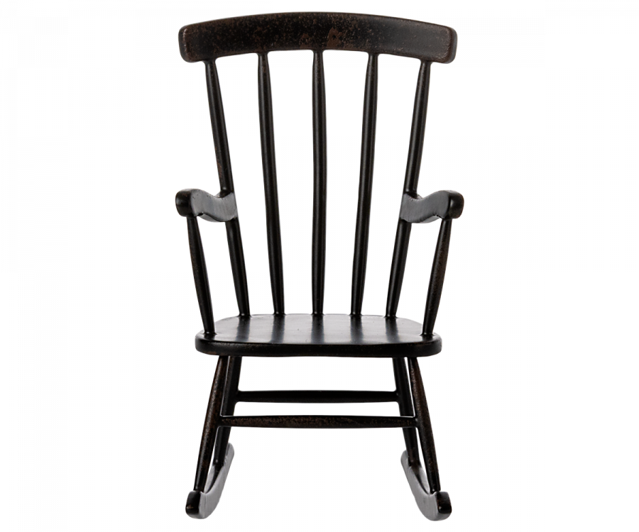 An Maileg Rocking Chair - Anthracite with vertical slats on the back and curved armrests, displayed against a black background.