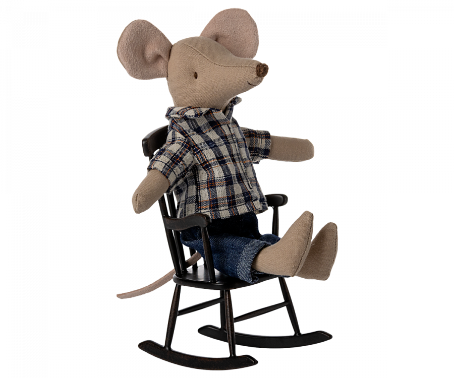 A plush mouse doll wearing a plaid shirt and denim jeans, seated on a Maileg Rocking Chair - Anthracite, isolated on a black background.