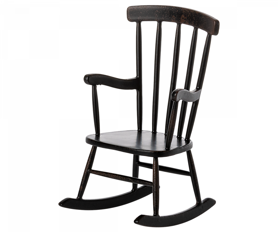 An Maileg Rocking Chair - Anthracite with worn wooden armrests and vertical slat back, isolated on a black background.