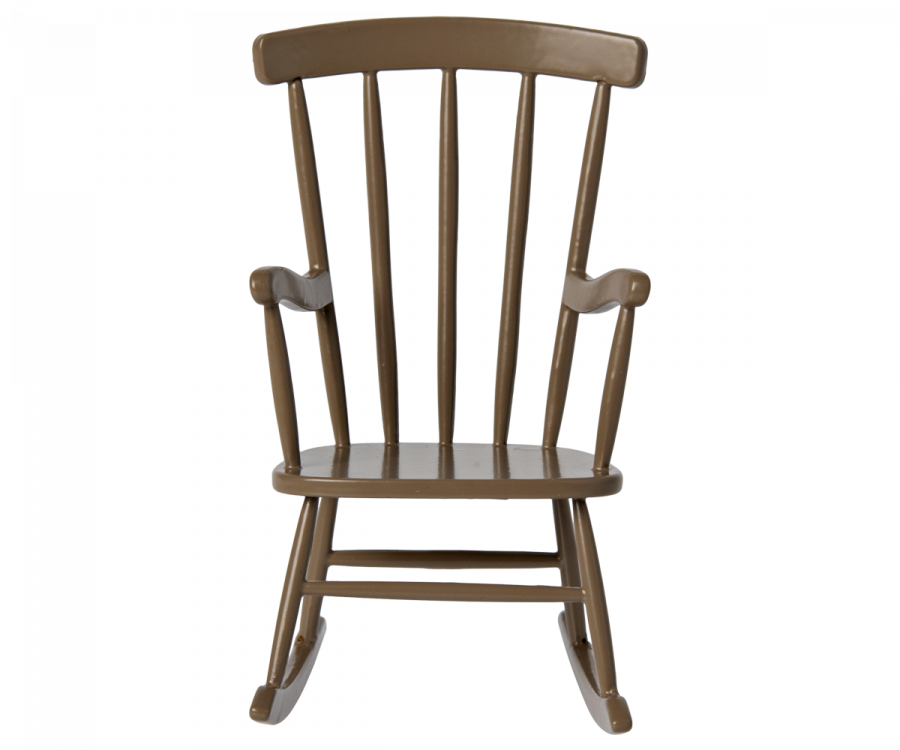 A Maileg Rocking Chair, Mouse - Light brown with a high backrest featuring vertical slats. The relaxing chair has armrests and curved rockers at the bottom, designed for gentle back-and-forth motion. The design is simple and traditional, suitable for a variety of interior settings.