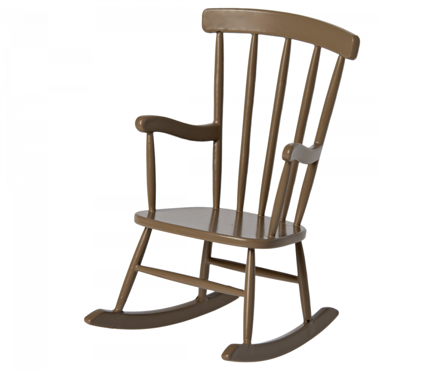 A relaxing Maileg Rocking Chair, Mouse - Light brown with a high backrest and vertical slats. The chair has curved rockers at the base and sturdy armrests on either side. The wood has a medium-brown finish, giving it a classic and timeless appearance, perfect for any mouse family to enjoy.