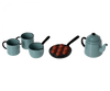 A Maileg Blue Kitchen Set featuring two blue mugs, a blue pitcher, a blue teapot, and a black skillet containing six small brown meatballs.
