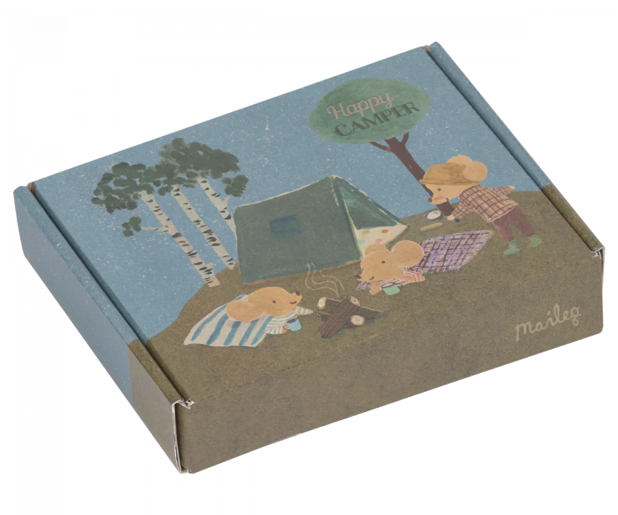A Maileg Single Tent, Mouse Size with a "happy camper" theme featuring illustrated mice camping near a cotton linen tent under a starry sky, personalized with the name "Marlee.