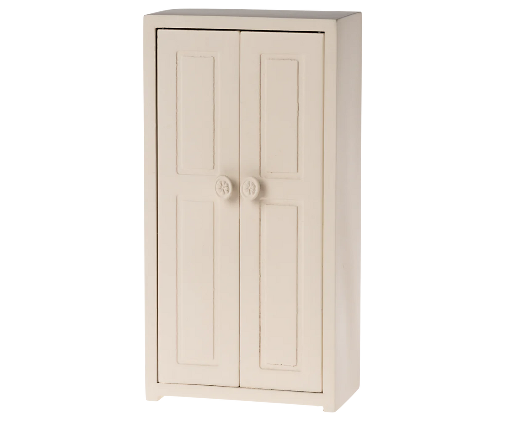 The Maileg Mouse Closet in cream, featuring a classic design with two paneled doors and round knobs, stands vertically against a neutral background and will ship in approximately one week.