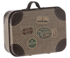 The Maileg Suitcase, Micro is a small rectangular piece with a vintage charm, showcasing a beige and brown checkered pattern. Decorated with an array of travel stickers such as "Hotel Majestic Paris," "Hotel Chatham Paris," and "Baggage Room," it is perfect for storing small items. The suitcase also features a black handle on top for easy carrying.