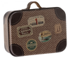 The Maileg Suitcase, Micro is a small metal suitcase with a brown vintage-style design featuring a checkered pattern and colorful travel sticker illustrations, including ones for Hotel Chatham Paris, Camembert, and a surfer labeled "Mona." Ideal for storing small items, it also includes a handle at the top.