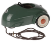 An image of a Maileg Mouse Car - Dark Green, metal car with a shiny finish. It features a simple white and red wheel design on the front with a visible brown cord attached.