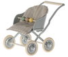 A Maileg Stroller, Baby Mice - Blue with a pale blue and white striped fabric seat, perfect for transport babies. It features two colorful wooden beads on the front, four pale yellow wheels with gray spokes, and a pale wooden handle ideal for little hands.