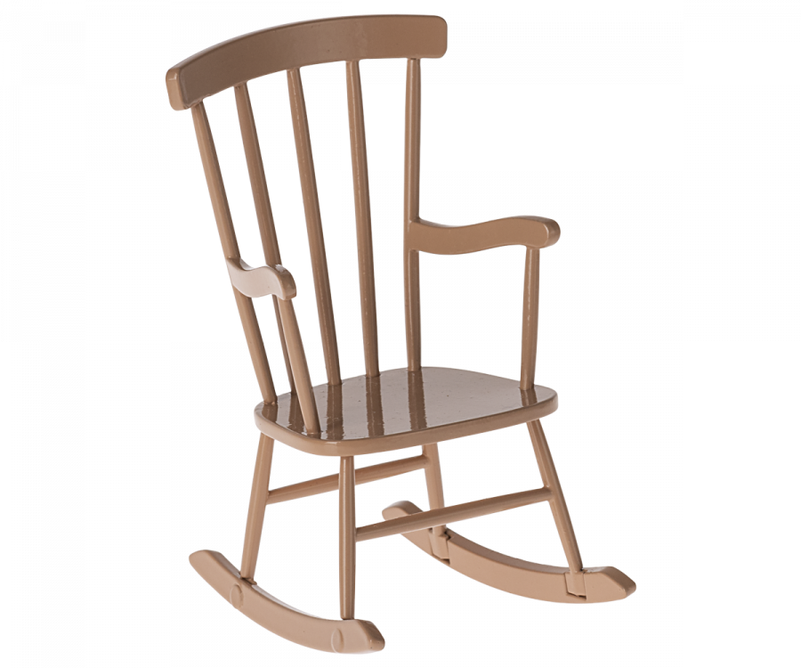A light brown wooden Maileg Rocking Chair, Mouse - Dark Powder with a traditional spindle back design and curved rockers. The chair has armrests and a simple, classic style, making it the perfect chair for any cozy corner.