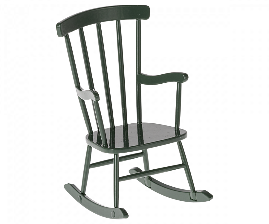 A Maileg Rocking Chair - Dark Green for mouse against a plain background, featuring a curved backrest and armrests, perfect for a cozy corner.