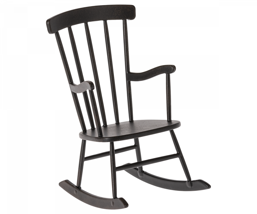 A dark wooden Maileg Rocking Chair, Mini - Anthracite with a high back featuring vertical slats, curved armrests, and a gently curved seat. The rockers at the bottom are also wooden, matching the rest of the teddy family furniture in material and color.