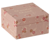 A small, square pink gift box decorated with a floral pattern and polka dots, featuring "Chocolat Chatel" in a white handwritten-style font on the lid. Inside awaits the Maileg Hot Chocolate Set, Mini—ideal for crafting the perfect hot chocolate experience.